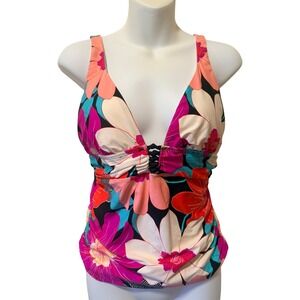 La Blanca Floral Tankini Swim Top Pink Orange Black V-Neck Knotted Size 8
